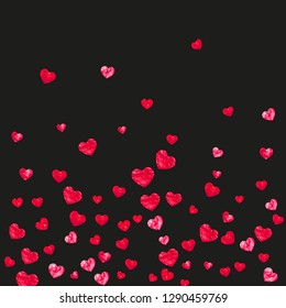 Grunge heart background for Valentines day with red glitter. February 14th day. Vector confetti for grunge heart background. Hand drawn texture. Love theme for voucher, special business ad, banner.