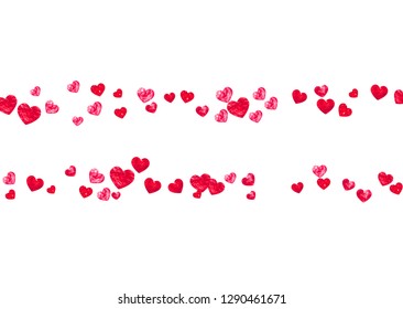 Grunge heart background for Valentines day with red glitter. February 14th day. Vector confetti for grunge heart background. Hand drawn texture. Love theme for gift coupons, vouchers, ads, events.