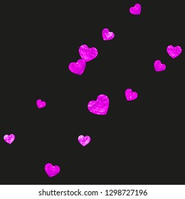 Grunge heart background for Valentines day with pink glitter. February 14th day. Vector confetti for grunge heart background. Hand drawn texture. Love theme for party invite, retail offer and ad.