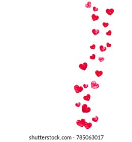 Grunge heart background for Valentines day with red glitter. February 14th day. Vector confetti for grunge heart background. Hand drawn texture. Love theme for poster, gift certificate, banner.