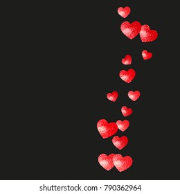 Grunge heart background for Valentines day with red glitter. February 14th day. Vector confetti for grunge heart background. Hand drawn texture. Love theme for party invite, retail offer and ad.