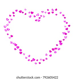 Grunge heart background for Valentines day with pink glitter. February 14th day. Vector confetti for grunge heart background. Hand drawn texture. Love theme for gift coupons, vouchers, ads, events.