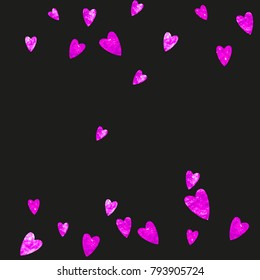 Grunge heart background for Valentines day with pink glitter. February 14th day. Vector confetti for grunge heart background. Hand drawn texture. Love theme for gift coupons, vouchers, ads, events.