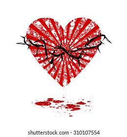 Grunge heart in barbed wire, drops of blood/vector illustration isolated on white background