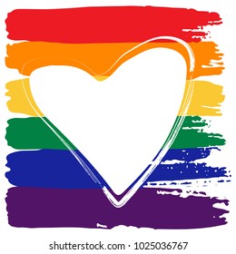 Grunge heart frame on rainbow background. Gay pride symbol. LGBT community symbol. Design element for Valentines cards or etc.