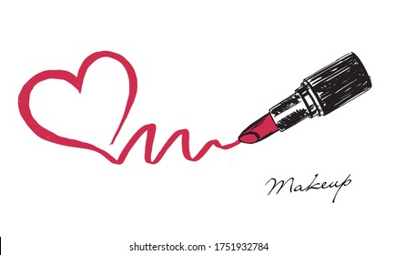 Grunge heart. Makeup set. Lipstick hand drawn illustration.	