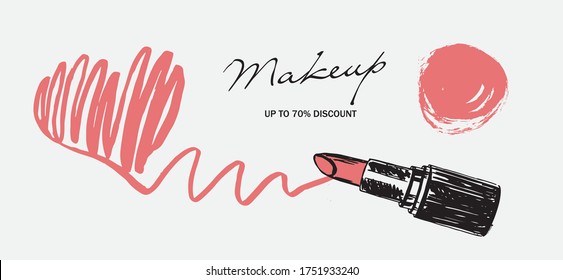 Grunge heart. Makeup set. Lipstick hand drawn illustration.	