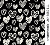 Grunge heart semless pattern on black background. Felt pen doodle heart pattern. Marker pen hand drawn hearts romantic design for fabrics, textile, wrapping paper, romantic packaging