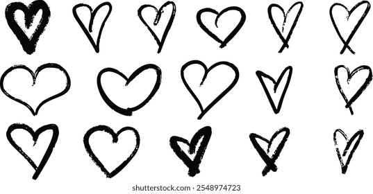 Grunge heart shape, big vector set of hearts. Heart shape for love symbols. Hand drawn vector illustration valentine day design. Vector illustration EPS 10