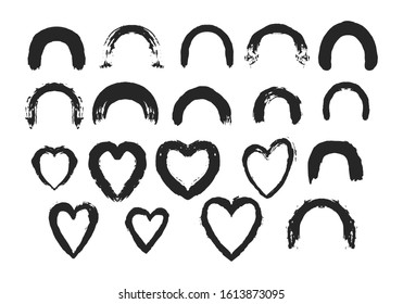 Grunge heart shape brush strokes. Black paint damaged stripes. Vector isolated dirty paintbrush set. Chinese rough ornate shapes. Torn border. 
