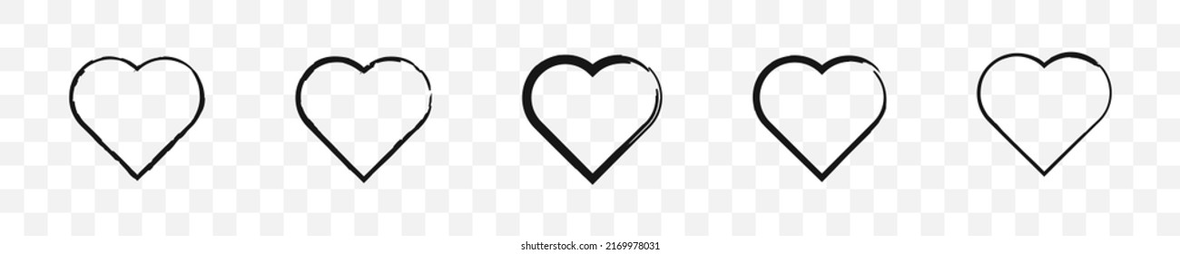 Grunge heart shape icon set. Vector isolated illustration. Brush black heart collection.