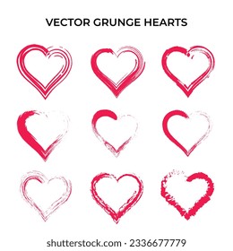 Grunge Heart Shapes Set Red Color Vector. Brush Stroke Style
