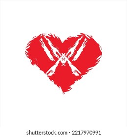 Grunge heart vector logo design with abstract letter X.