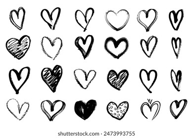 Grunge hearts icons. scribble ink grunge heart shapes icons drawn with markers and crayons set