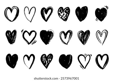 Grunge hearts icons. Scribble ink grunge heart shapes. Hearts icons set hand draw with markers