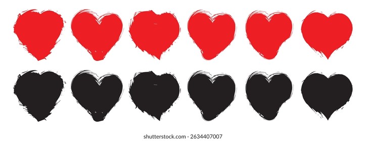 Grunge hearts icons. Scribble ink grunge heart shapes. Hearts with pencil strokes, brush or marker. Different heart shapes for love cards, promotional banners, brochures, posters.