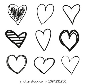 Grunge hearts on isolated white background. Set of stylish signs. Unique elements for design. Black and white illustration