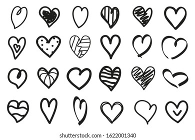 Grunge hearts on isolated white background. Set of stylish signs. Black and white illustration