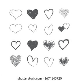 Grunge hearts on isolated white background. Stylish signs. Black and white vector illustration. Set of diverse hearts patterns - simple flat designs, brush painted with a rough, uneven edge, doodle.