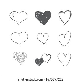 Grunge hearts on isolated white background. Stylish signs. Black and white vector illustration. Set of diverse hearts patterns - simple flat designs, brush painted with a rough, uneven edge, doodle.