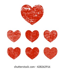 Grunge hearts. Set of red grunge heart. Vector illustration.