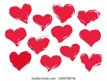 Grunge hearts set for Valentine's Day, hand painted with brush and ink, isolated on white background. Vector illustration.