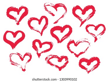 Grunge hearts set for Valentine's Day, hand painted with brush and ink, isolated on white background. Vector illustration.