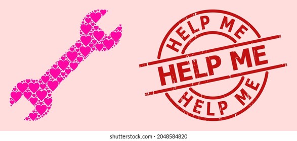 Grunge Help Me stamp seal, and pink love heart pattern for spanner. Red round stamp has Help Me text inside circle. Spanner mosaic is done of pink dating symbols.