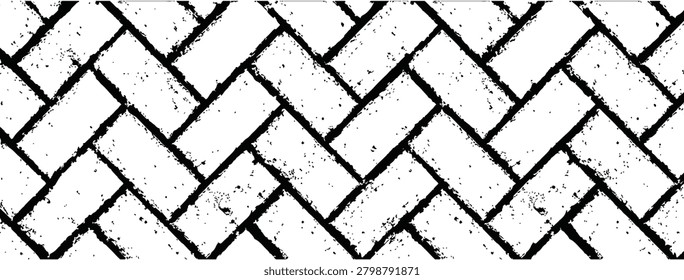 Grunge herringbone brick pattern vector background with distressed seamless stone texture
