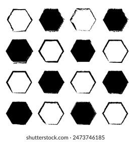 Grunge hexagon icons. Hand drawn vector. Abstract black shapes. Rough border design.