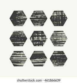 Grunge hexagon set. Vector illustration.