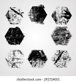 Grunge Hexagons with High Detailed Distress Texture. Retro Star Shapes. Vector Illustration.