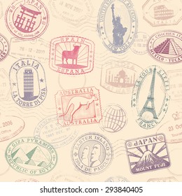 Grunge hi quality vector seamless texture pattern with monuments ad famous landmarks from all over the world