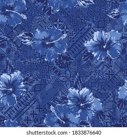 Grunge hibiscus flowers with Hawaiian tapa tribal motifs background abstract vector seamless pattern