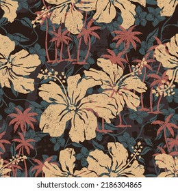 Grunge hibiscus flowers palms and frangipani background tropical abstract vector seamless pattern 