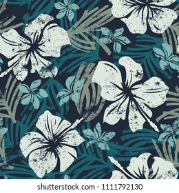 Grunge Hibiscus flowers seamless pattern, Vintage tropical abstract flowers and leaves vector wallpaper  