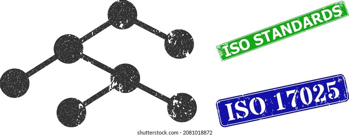 Grunge hierarchy links icon and rectangular rubber ISO Standards seal stamp. Vector green ISO Standards and blue ISO 17025 seals with unclean rubber texture, svg