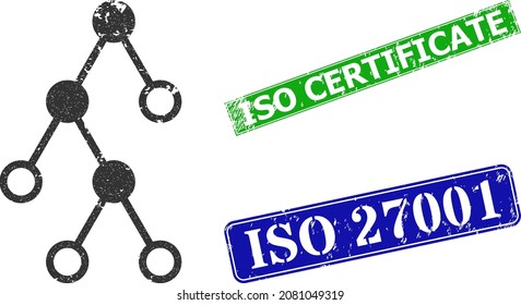 Grunge hierarchy nodes icon and rectangle scratched ISO Certificate seal. Vector green ISO Certificate and blue ISO 27001 seals with unclean rubber texture,