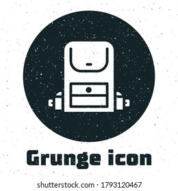 Grunge Wanderrucksack Symbol einzeln auf weißem Hintergrund. Camping und Berg Erkundung Rucksack. Einfarbige Vintage-Zeichnung. Vektorgrafik