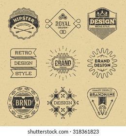 Grunge Hipster Retro Design Insignias Logotypes Set 9. Lo-Fi Vector Vintage Elements. Cardboard Texture.