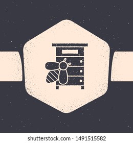 Grunge Hive for bees icon isolated on grey background. Beehive symbol. Apiary and beekeeping. Sweet natural food. Monochrome vintage drawing. Vector Illustration