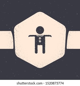 Grunge Holiday gingerbread man cookie icon isolated on grey background. Cookie in shape of man with icing. Monochrome vintage drawing. Vector Illustration
