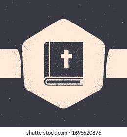 Grunge Holy bible book icon isolated on grey background. Monochrome vintage drawing. Vector Illustration