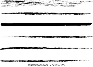 Traçados de pincel horizontal Grunge definidos em plano de fundo branco. Linhas de tinta desenhadas à mão ásperas com textura e espessura variadas. Elementos divisores artísticos para layouts, cartazes e projetos de design. 
