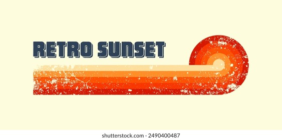 Grunge horizontal vintage sunset. Various colorful striped sunrise badges in 80s and 90s style. Sun and ocean view, summer vibes, surfing. Design element, print, logo or t-shirt. Vector illustration