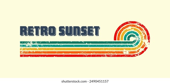 Grunge horizontal vintage sunset. Various colorful striped sunrise badges in 80s and 90s style. Sun and ocean view, summer vibes, surfing. Design element, print, logo or t-shirt. Vector illustration