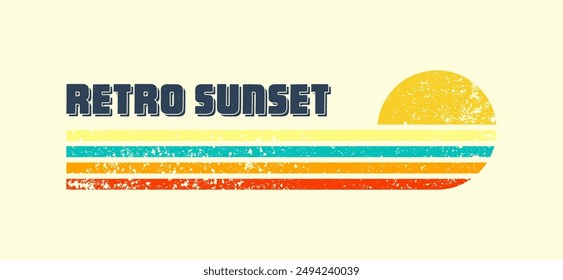 Grunge horizontal vintage sunset. Various colorful striped sunrise badges in 80s and 90s style. Sun and ocean view, summer vibes, surfing. Design element, print, logo or t-shirt. Vector illustration.