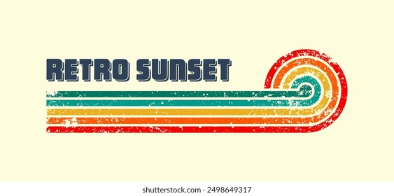 Grunge horizontal vintage sunset. Various colorful striped sunrise badges in 80s and 90s style. Sun and ocean view, summer vibes, surfing. Design element, print, logo or t-shirt. Vector illustration