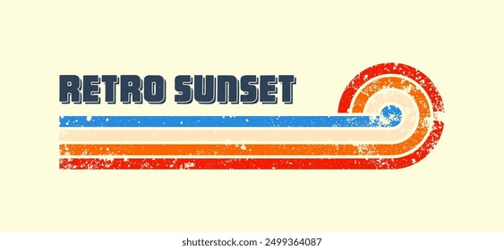 Grunge horizontal vintage sunset. Various colorful striped sunrise badges in 80s and 90s style. Sun and ocean view, summer vibes, surfing. Design element, print, logo or t-shirt. Vector illustration