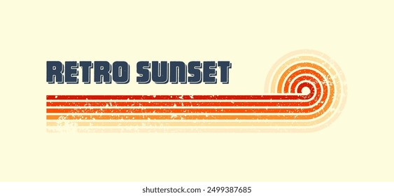 Grunge horizontal vintage sunset. Various colorful striped sunrise badges in 80s and 90s style. Sun and ocean view, summer vibes, surfing. Design element, print, logo or t-shirt. Vector illustration
